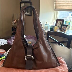 Brown Leather Shoulder Bag with Front Buckle